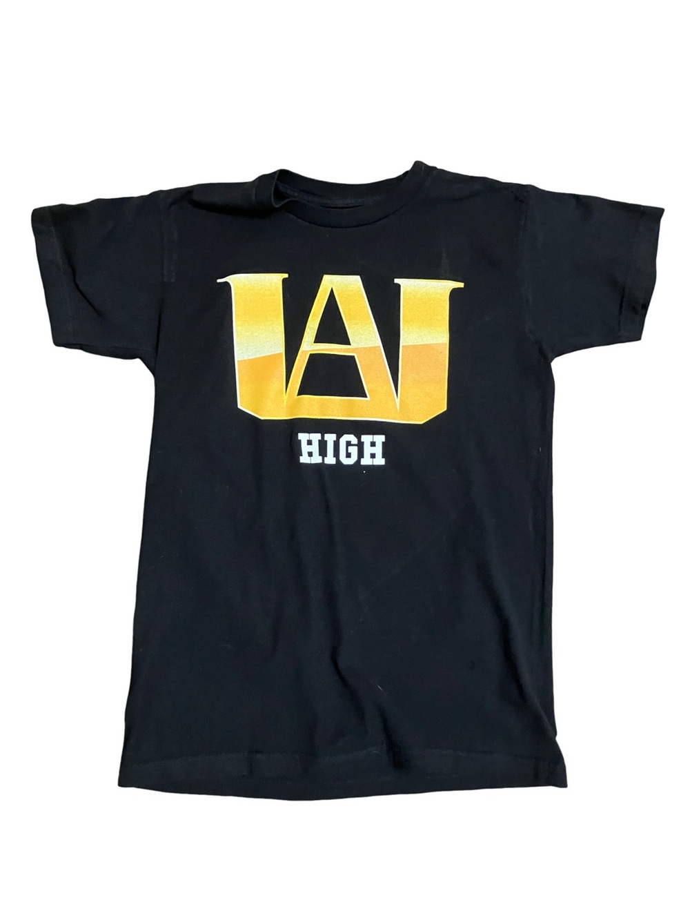 Hot Topic Black Tee with Gold 'UA' Logo and White "HIGH" Text Unisex size Small